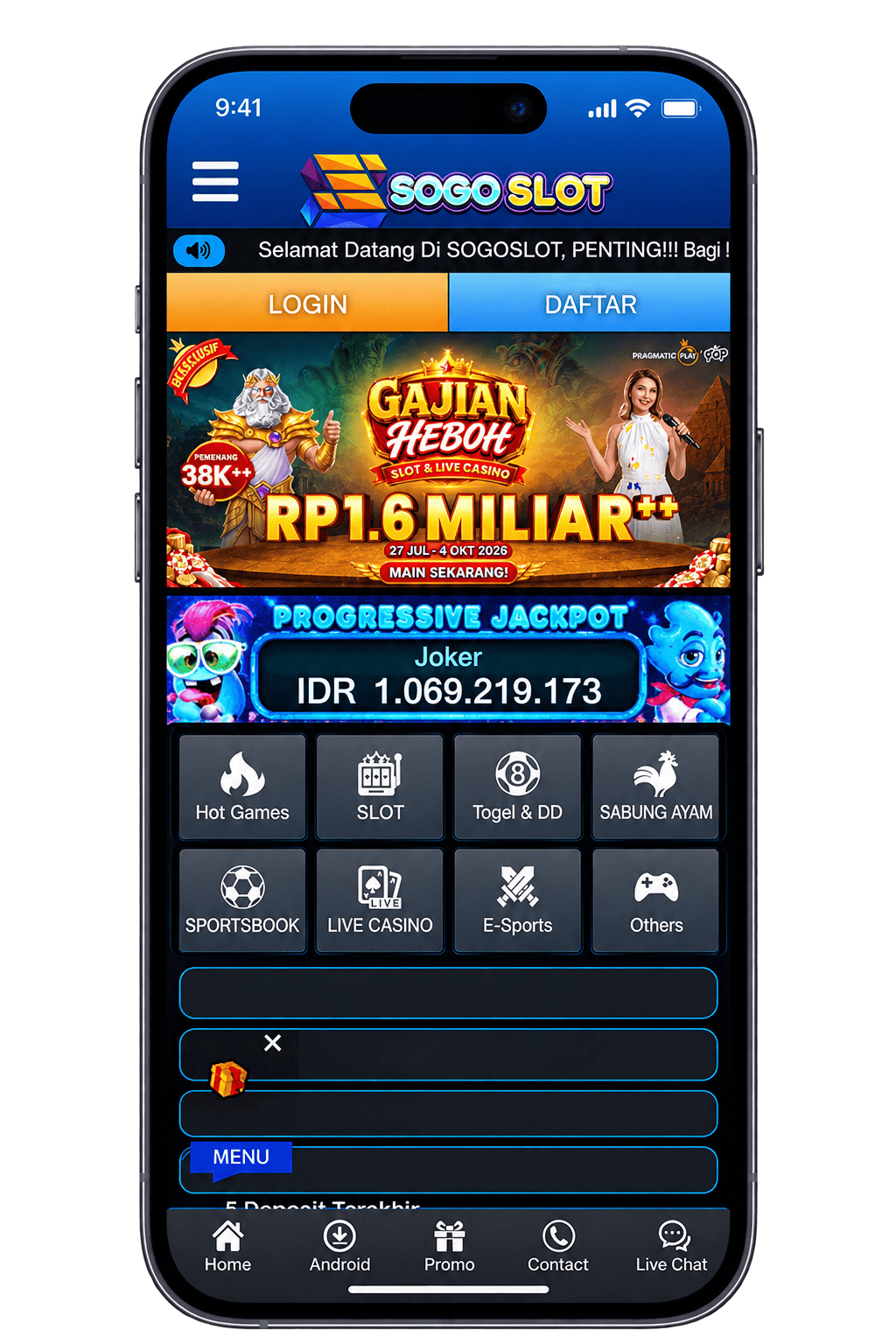 Tampilan aplikasi di HP Android